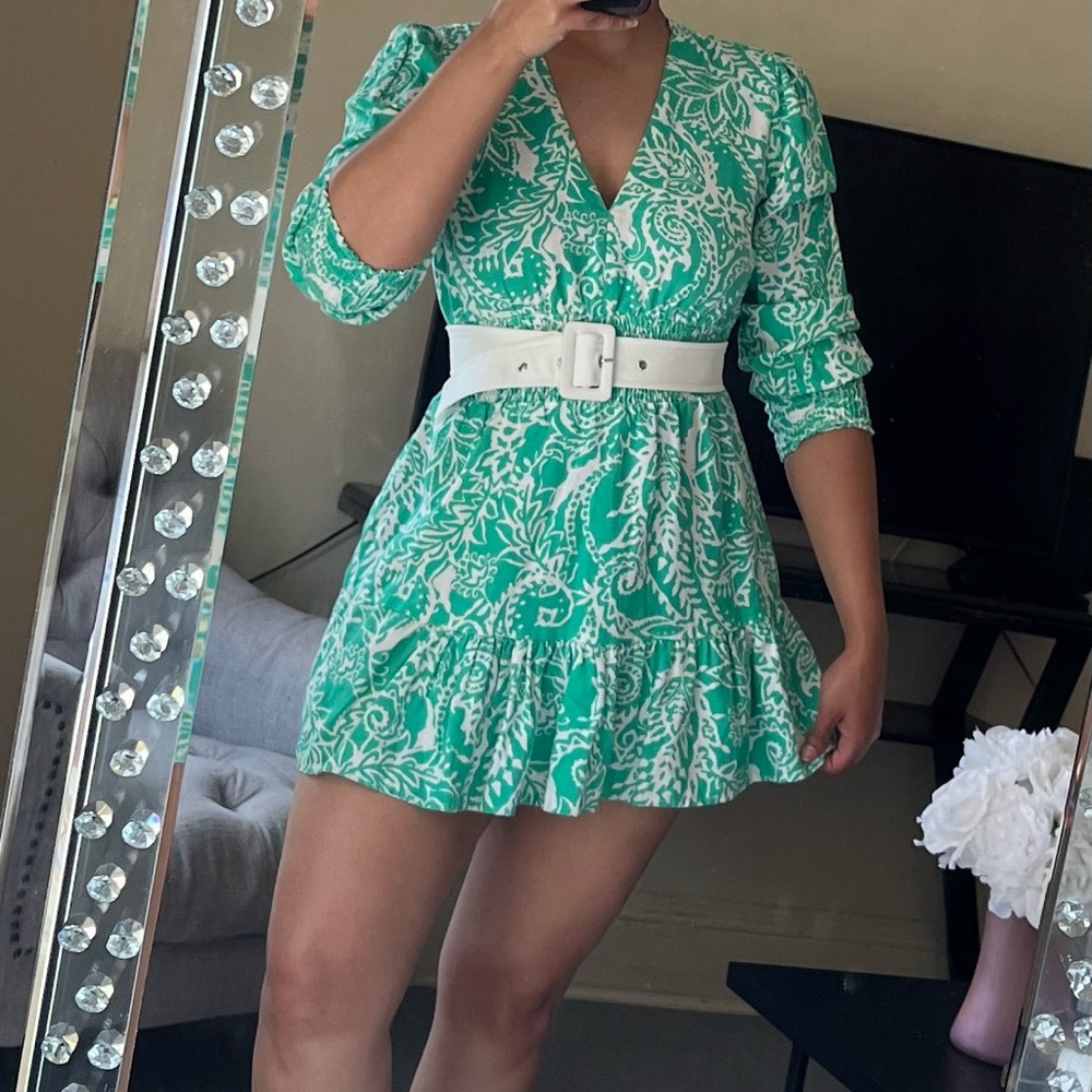 Zara Green and White Mini Dress with Belt